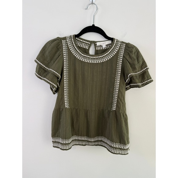 LOFT Tops - LOFT Women XXSP Olive Green Embroidered Peplum Top Flutter Sleeve Cotton Blend
